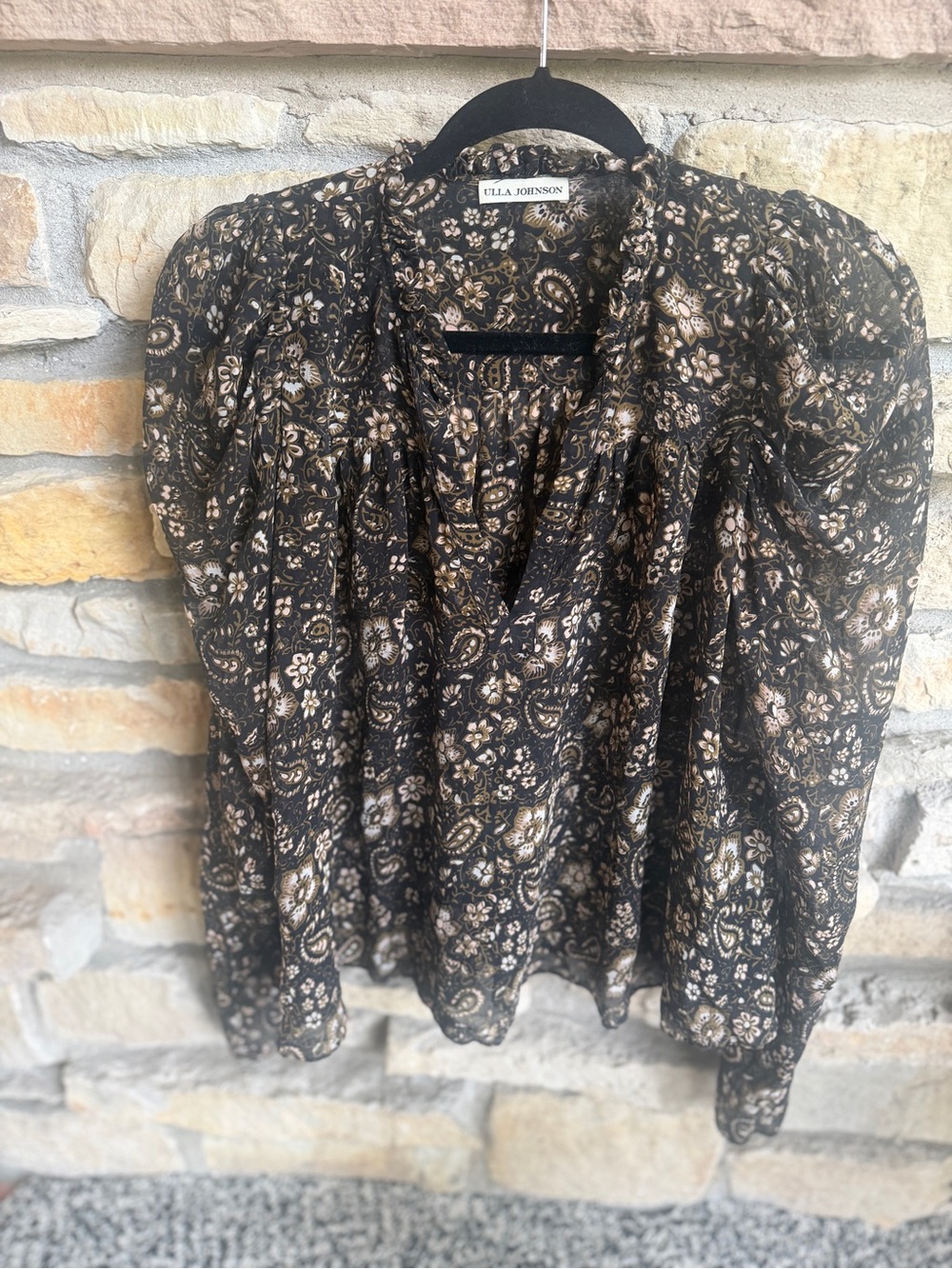 Ulla Johnson Black Floral Paisley Puff Sleeve Blouse Silk